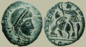Moneda de bronce falsa. Acuñada en Cunia. Segunda mitad del S. IV d.C.
