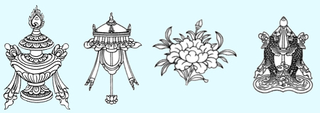 El jarrón precioso, el parasol, la flor de loto y los peces dorados