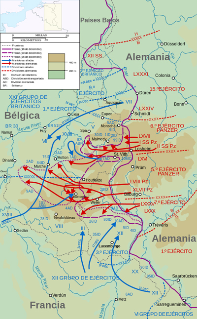 Mapa de la ofensiva alemana en las Ardenas del 16 al 25 de diciembre - Imagen CC BY-SA 4.0, fuente wikipedia