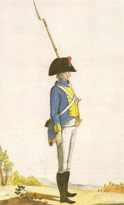 Fusilero del regimiento de Hibernia, regimientos irlandeses del ejército español. Imagen del libro «Estado militar gráfico de 1806» del Ministerio de Defensa editado en 2008