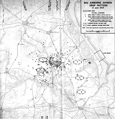 Mapa de las zonas de salto y el resultado final - By Historical Division, Department of the Army - Utah Beach to Cherbourg (6 June-27 June 1944). Washington, Historical Division, Department of the Army, 1947. Imagen de dominio publico