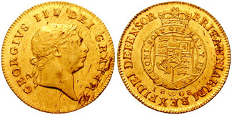 Moneda de media guinea de Goerge III, acuñada en 1808. Imagen CC BY-SA 3.0 de Classical Numismatic Group, Inc. http://www.cngcoins.com