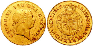 Moneda de media guinea de Goerge III, acuada en 1808. Imagen CC BY-SA 3.0 de Classical Numismatic Group, Inc. http://www.cngcoins.com