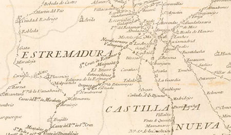 Mapa de las carreras de postas de Espaa. Biblioteca Virtual de Defensa. Licencia Creative Commons Reconocimiento 4.0. Bernardo Espinalt y Garca (1787).