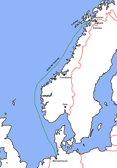 Ruta del convoy alemn. Imagen del autor CC BY-NC-SA 4.0.