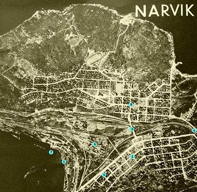 Fotografa area de Narvik de la poca sobre la que hemos indicado la ubicacin aproximada de las escenas (si es necesario).