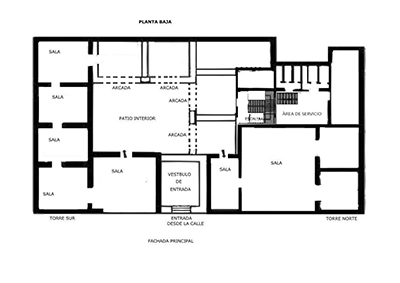 Planta baja del palacio de Crevillente. Pulsa para ampliar. Fuente:http://www.jdiezarnal.com/