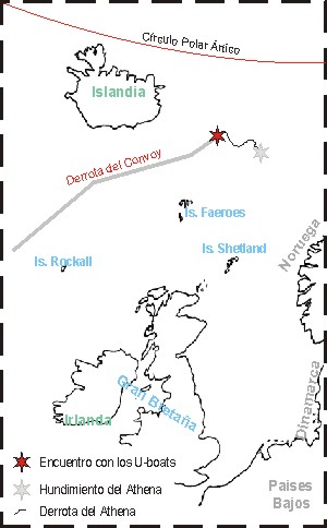 Plano del movimiento del convoy y del Athena