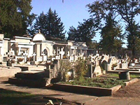 Imagen de un cementerio con pequeñas lápidas y grandes panteones.