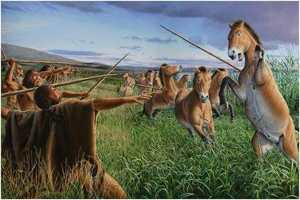 cazadores atacando a manada de caballos con lanzas cnicas